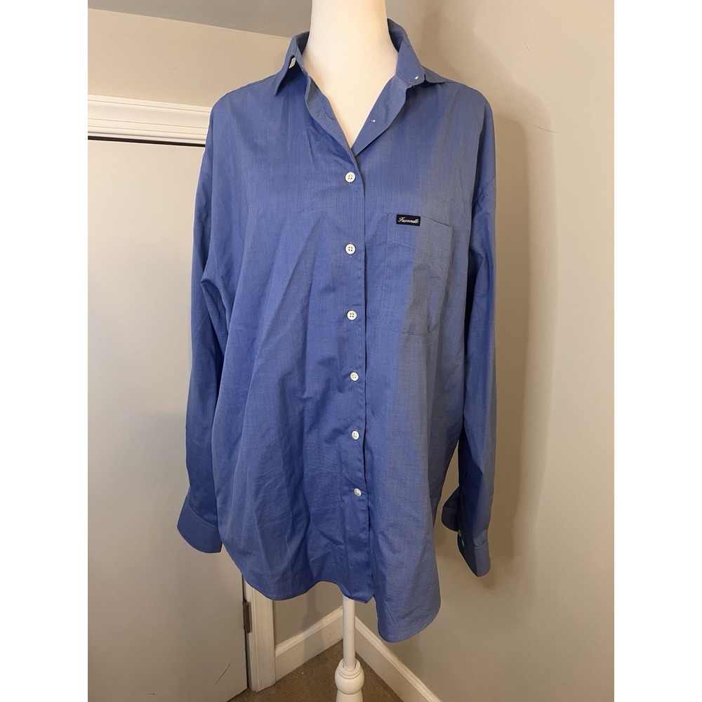 Faconnable Shirt Womens Large 12 14 Solid Blue Long Sleeve Button Up Classic